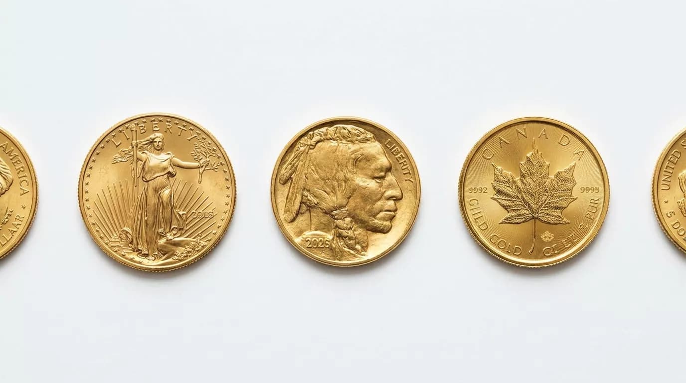 Top-down editorial flat-lay of gold bullion coins arranged for side-by-side comparison